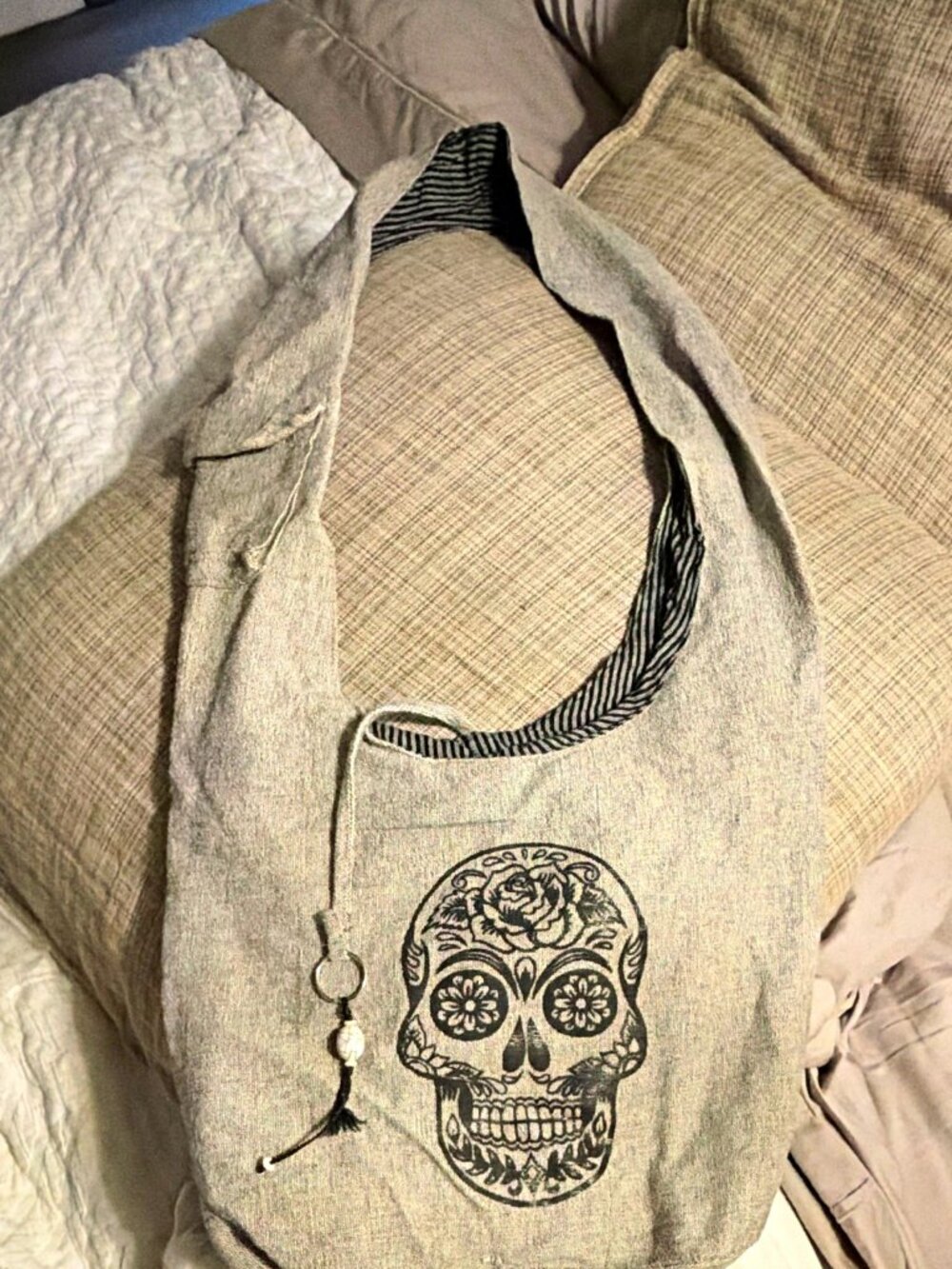 Earthbound Gray Canvas Large Hobo Bag Skull Print Striped Lining Zip Inner